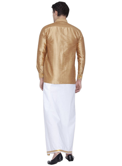 Vastramay Men's Gold Cotton Silk Blend Shirt and Dhoti Set